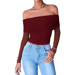imageBTFBM Womens Off Shoulder Tops 2025 Spring Summer Sheer Long Sleeve Shirts Stretchy Ruched Slim Fit Going Out Crop TopWine Red