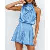 imageBTFBM Women Mock Neck Summer Romper 2025 Spring Beach Vacation Clothes Sleeveless Elastic Waist Satin Shorts JumpsuitLight Blue