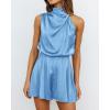imageBTFBM Women Mock Neck Summer Romper 2025 Spring Beach Vacation Clothes Sleeveless Elastic Waist Satin Shorts JumpsuitLight Blue