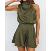 imageBTFBM Women Mock Neck Summer Romper 2025 Spring Beach Vacation Clothes Sleeveless Elastic Waist Satin Shorts JumpsuitSolid Army Green