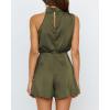 imageBTFBM Women Mock Neck Summer Romper 2025 Spring Beach Vacation Clothes Sleeveless Elastic Waist Satin Shorts JumpsuitSolid Army Green