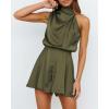 imageBTFBM Women Mock Neck Summer Romper 2025 Spring Beach Vacation Clothes Sleeveless Elastic Waist Satin Shorts JumpsuitSolid Army Green