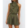 imageBTFBM Women Mock Neck Summer Romper 2025 Spring Beach Vacation Clothes Sleeveless Elastic Waist Satin Shorts JumpsuitSolid Army Green