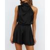 imageBTFBM Women Mock Neck Summer Romper 2025 Spring Beach Vacation Clothes Sleeveless Elastic Waist Satin Shorts JumpsuitSolid Black