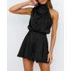 imageBTFBM Women Mock Neck Summer Romper 2025 Spring Beach Vacation Clothes Sleeveless Elastic Waist Satin Shorts JumpsuitSolid Black