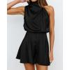 imageBTFBM Women Mock Neck Summer Romper 2025 Spring Beach Vacation Clothes Sleeveless Elastic Waist Satin Shorts JumpsuitSolid Black