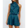 imageBTFBM Women Mock Neck Summer Romper 2025 Spring Beach Vacation Clothes Sleeveless Elastic Waist Satin Shorts JumpsuitSolid Blue Green