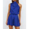 imageBTFBM Women Mock Neck Summer Romper 2025 Spring Beach Vacation Clothes Sleeveless Elastic Waist Satin Shorts JumpsuitSolid Brilliant Blue