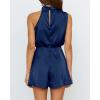 imageBTFBM Women Mock Neck Summer Romper 2025 Spring Beach Vacation Clothes Sleeveless Elastic Waist Satin Shorts JumpsuitSolid Dark Blue