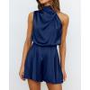 imageBTFBM Women Mock Neck Summer Romper 2025 Spring Beach Vacation Clothes Sleeveless Elastic Waist Satin Shorts JumpsuitSolid Dark Blue