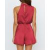 imageBTFBM Women Mock Neck Summer Romper 2025 Spring Beach Vacation Clothes Sleeveless Elastic Waist Satin Shorts JumpsuitSolid Red