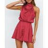 imageBTFBM Women Mock Neck Summer Romper 2025 Spring Beach Vacation Clothes Sleeveless Elastic Waist Satin Shorts JumpsuitSolid Red