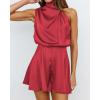 imageBTFBM Women Mock Neck Summer Romper 2025 Spring Beach Vacation Clothes Sleeveless Elastic Waist Satin Shorts JumpsuitSolid Red