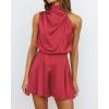 imageBTFBM Women Mock Neck Summer Romper 2025 Spring Beach Vacation Clothes Sleeveless Elastic Waist Satin Shorts JumpsuitSolid Red
