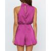 imageBTFBM Women Mock Neck Summer Romper 2025 Spring Beach Vacation Clothes Sleeveless Elastic Waist Satin Shorts JumpsuitSolid Rose Red