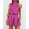 imageBTFBM Women Mock Neck Summer Romper 2025 Spring Beach Vacation Clothes Sleeveless Elastic Waist Satin Shorts JumpsuitSolid Rose Red