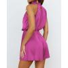 imageBTFBM Women Mock Neck Summer Romper 2025 Spring Beach Vacation Clothes Sleeveless Elastic Waist Satin Shorts JumpsuitSolid Rose Red