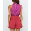 imageBTFBM Women Mock Neck Summer Romper 2025 Spring Beach Vacation Clothes Sleeveless Elastic Waist Satin Shorts JumpsuitStitched Rose Red