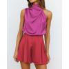 imageBTFBM Women Mock Neck Summer Romper 2025 Spring Beach Vacation Clothes Sleeveless Elastic Waist Satin Shorts JumpsuitStitched Rose Red