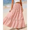 imageBTFBM Womens Boho Casual Skirts Summer 2025 Lace Embroidery Eyelet Elastic Waist Flowy Tiered ALine Beach Maxi SkirtPink