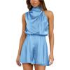 imageBTFBM Women Mock Neck Summer Romper 2025 Spring Beach Vacation Clothes Sleeveless Elastic Waist Satin Shorts JumpsuitLight Blue