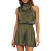imageBTFBM Women Mock Neck Summer Romper 2025 Spring Beach Vacation Clothes Sleeveless Elastic Waist Satin Shorts JumpsuitSolid Army Green