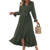 imageBTFBM Womens Boho Cocktail Maxi Dress Fall Fashion 2025 V Neck Long Sleeve Swiss Dot Flowy Slit Wedding Guest DressesSwiss Dot Army Green