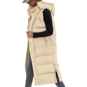 imageBTFBM Long Puffer Vest Women Quilted Hooded Button Down Zip Up Sleeveless Vests Outerwear Padded Jacket Fall Winter CoatApricot