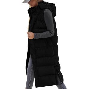 imageBTFBM Long Puffer Vest Women Quilted Hooded Button Down Zip Up Sleeveless Vests Outerwear Padded Jacket Fall Winter CoatBlack