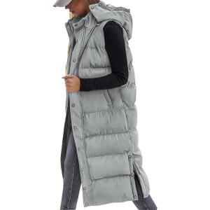 imageBTFBM Long Puffer Vest Women Quilted Hooded Button Down Zip Up Sleeveless Vests Outerwear Padded Jacket Fall Winter CoatGrey
