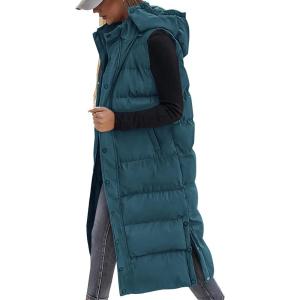 imageBTFBM Long Puffer Vest Women Quilted Hooded Button Down Zip Up Sleeveless Vests Outerwear Padded Jacket Fall Winter CoatGrey Blue