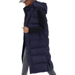 imageBTFBM Long Puffer Vest Women Quilted Hooded Button Down Zip Up Sleeveless Vests Outerwear Padded Jacket Fall Winter CoatNavy