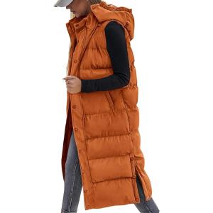 imageBTFBM Long Puffer Vest Women Quilted Hooded Button Down Zip Up Sleeveless Vests Outerwear Padded Jacket Fall Winter CoatOrange