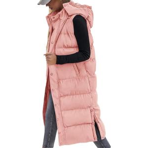 imageBTFBM Long Puffer Vest Women Quilted Hooded Button Down Zip Up Sleeveless Vests Outerwear Padded Jacket Fall Winter CoatPink