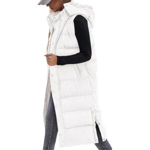 imageBTFBM Long Puffer Vest Women Quilted Hooded Button Down Zip Up Sleeveless Vests Outerwear Padded Jacket Fall Winter CoatWhite