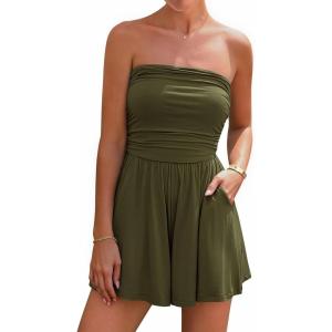 imageBTFBM Summer Womens Romper 2025 Strapless Tube Beach Vacation Clothes Ruffle Boho Loose Shorts Jumpsuits PocketsArmy Green