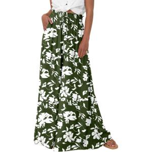 imageBTFBM Women Casual High Waist Wide Leg Pants Summer Floral Solid Long Palazzo Pants Lounge Beach Trousers with PocketPrint Army Green White