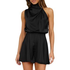 imageBTFBM Women Mock Neck Summer Romper 2025 Spring Beach Vacation Clothes Sleeveless Elastic Waist Satin Shorts JumpsuitSolid Black