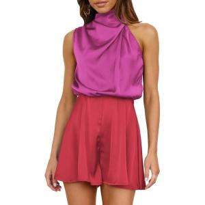 imageBTFBM Women Mock Neck Summer Romper 2025 Spring Beach Vacation Clothes Sleeveless Elastic Waist Satin Shorts JumpsuitStitched Rose Red