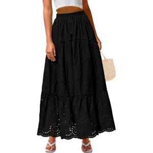 imageBTFBM Womens Boho Casual Skirts Summer 2025 Lace Embroidery Eyelet Elastic Waist Flowy Tiered ALine Beach Maxi SkirtBlack