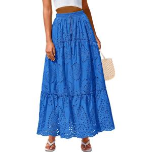 imageBTFBM Womens Boho Casual Skirts Summer 2025 Lace Embroidery Eyelet Elastic Waist Flowy Tiered ALine Beach Maxi SkirtBlue