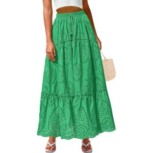 imageBTFBM Womens Boho Casual Skirts Summer 2025 Lace Embroidery Eyelet Elastic Waist Flowy Tiered ALine Beach Maxi SkirtGreen
