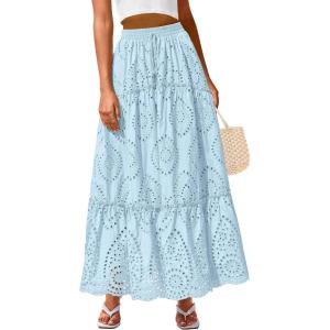 imageBTFBM Womens Boho Casual Skirts Summer 2025 Lace Embroidery Eyelet Elastic Waist Flowy Tiered ALine Beach Maxi SkirtLight Blue