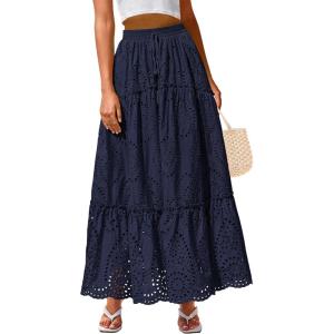 imageBTFBM Womens Boho Casual Skirts Summer 2025 Lace Embroidery Eyelet Elastic Waist Flowy Tiered ALine Beach Maxi SkirtNavy