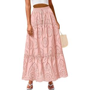imageBTFBM Womens Boho Casual Skirts Summer 2025 Lace Embroidery Eyelet Elastic Waist Flowy Tiered ALine Beach Maxi SkirtPink
