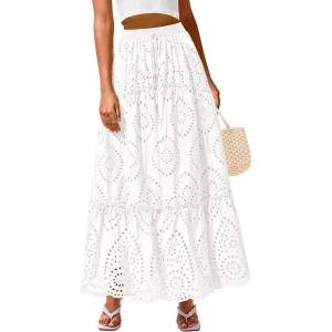 imageBTFBM Womens Boho Casual Skirts Summer 2025 Lace Embroidery Eyelet Elastic Waist Flowy Tiered ALine Beach Maxi SkirtWhite