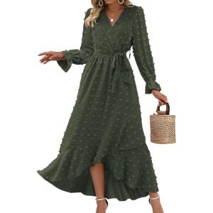 imageBTFBM Womens Boho Cocktail Maxi Dress Fall Fashion 2025 V Neck Long Sleeve Swiss Dot Flowy Slit Wedding Guest DressesSwiss Dot Army Green