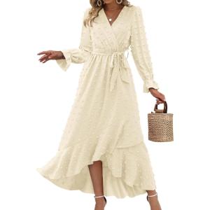 imageBTFBM Womens Boho Cocktail Maxi Dress Fall Fashion 2025 V Neck Long Sleeve Swiss Dot Flowy Slit Wedding Guest DressesSwiss Dot Beige