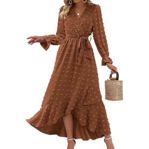 imageBTFBM Womens Boho Cocktail Maxi Dress Fall Fashion 2025 V Neck Long Sleeve Swiss Dot Flowy Slit Wedding Guest DressesSwiss Dot Brown