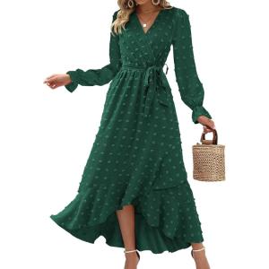 imageBTFBM Womens Boho Cocktail Maxi Dress Fall Fashion 2025 V Neck Long Sleeve Swiss Dot Flowy Slit Wedding Guest DressesSwiss Dot Dark Green